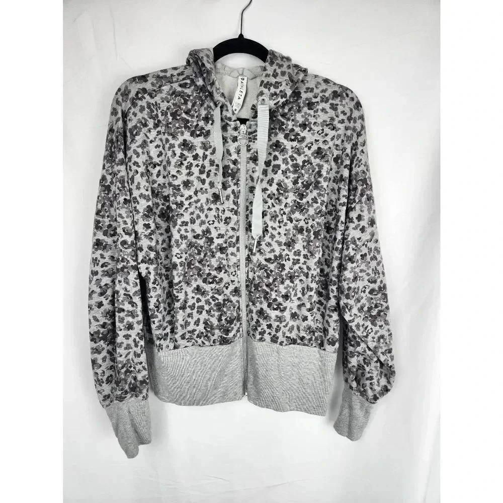 Athleta Full Zip Sweatshirt Hood Batwing Gray Cheetah Print Size Medium